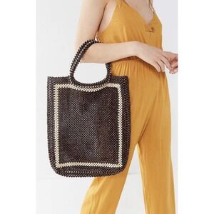 L.F. Markey Wooden Beaded Bag Brown Boho Scandi Artisan Wood Bead Purse